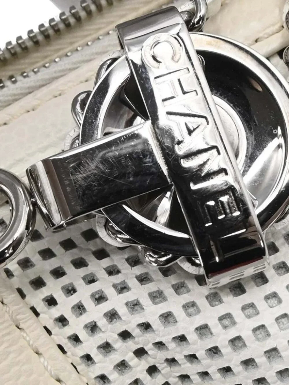 Chanel White Perforated Calfskin Pulley Shoulder Bag